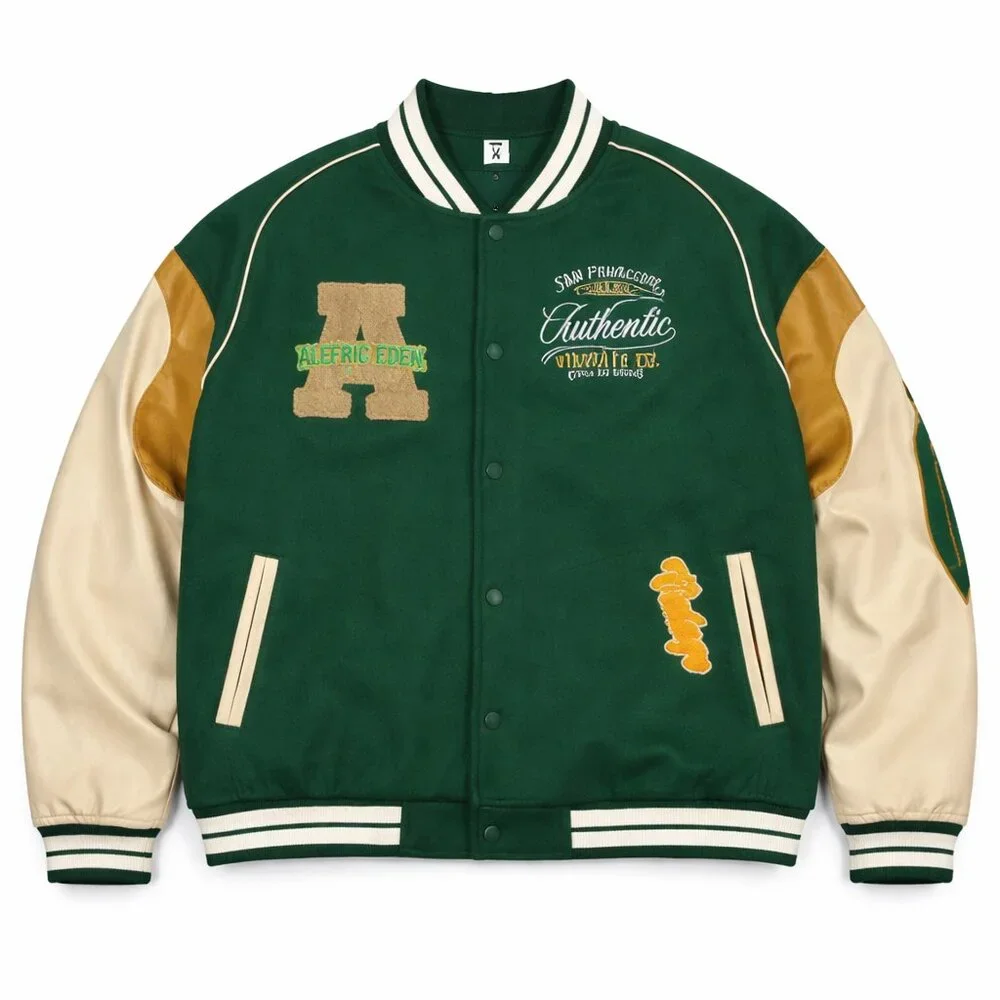 Aelfric Eden San Francisco Authentic Varsity Jacket Green Cream Embroidered XL - Picture 2 of 11
